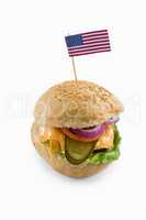 High angle view of cheeseburger with American flag