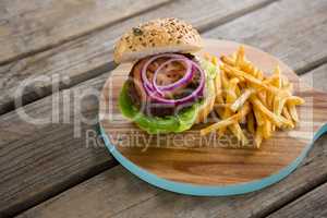 High angle view of hamburger with French fries