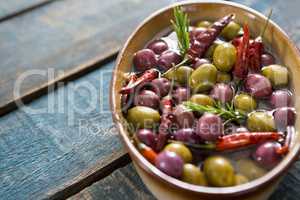 Close-up of pickled olives in bowl