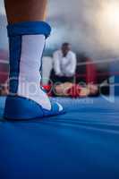 Low section of boxer standing against referee by athlete
