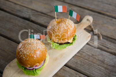 High angle view of burgers with Irish flag