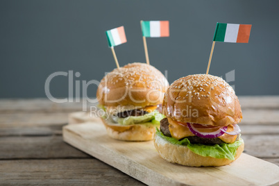 Close up of burgers with Irish flag