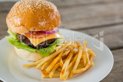 Close up of hamburger and french fries in plate
