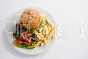 Overhead view of French fries with salad and burger