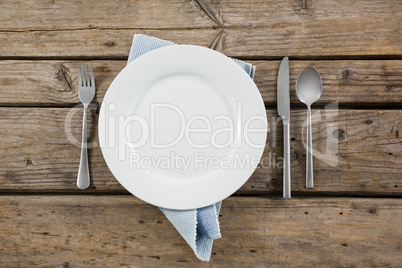 Overhead view of plate and cutlery with napkin