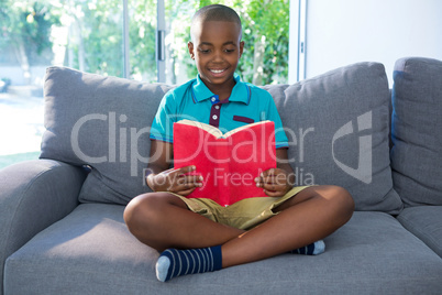 Smiling boy reading novel on sofa at home