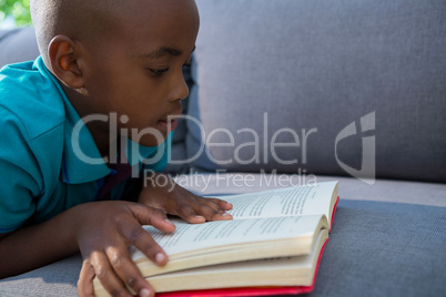Close-up of boy reading novel on sofa at home