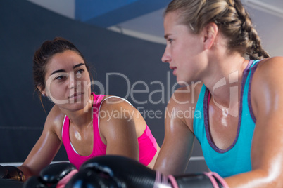 Low angle view of female boxers looking at each other