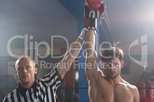 Referee holding hand of winning young male boxer