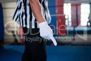 Midsection of male referee pointing down
