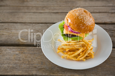 High angle view of burger with French fries served in plate