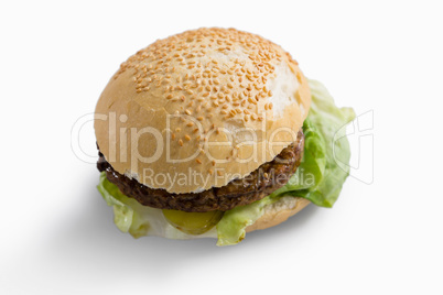 High angle view of hamburger with leaf vegetable
