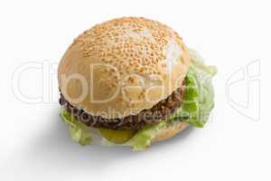 High angle view of hamburger with leaf vegetable