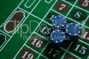 High angle view of blue chips on table