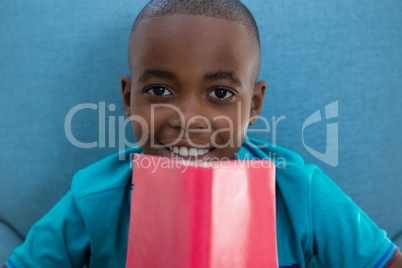 Close-up portrait of smiling boy with red novel at home