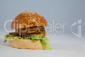 Close-up of hamburger on paper