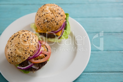 Close up of burgers in plate