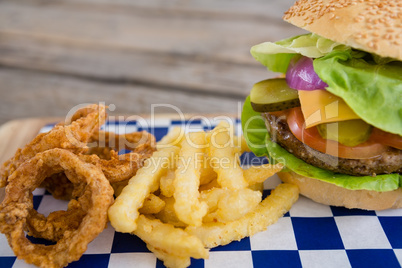 Close up of burger and onion rings with french fries