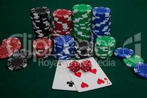 Playing cards, dices and casino chips on poker table