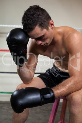 Wounded boxer relaxing in the boxing ring