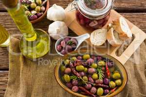Marinated olives with ingredient and breakfast