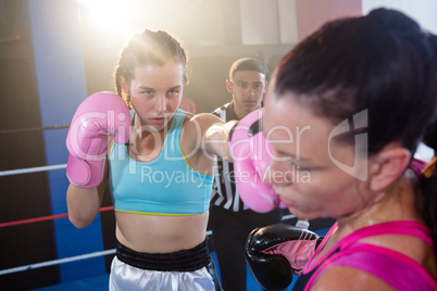 Referee looking at female boxers fighting in boxing ring
