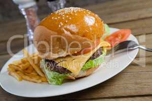 Burger and french fries in plate on wooden table