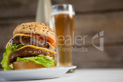 Close-up of hamburger in plate