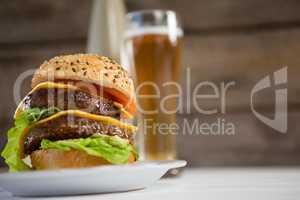 Close-up of hamburger in plate