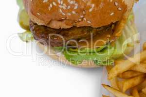 Hamburger and french fries on white background