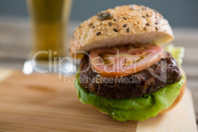 Close up of hamburger on cutting board