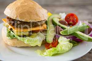 Close up of cheeseburger with salad and french fries