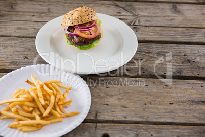 High angle view of french fries by hamburger served in plate