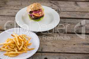 High angle view of french fries by hamburger served in plate