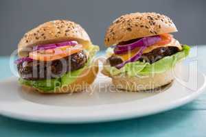 Close up of hamburgers in plate