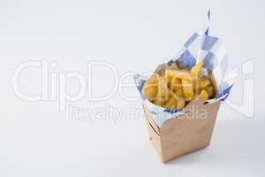 High angel view of French fries in carton box