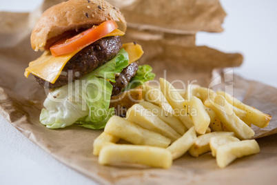 French fries with hamburger on paper bag