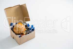 High angle view of cheeseburger in box