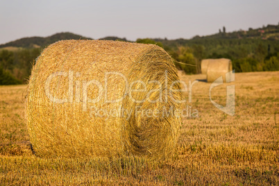 Straw bales in the light of sunset