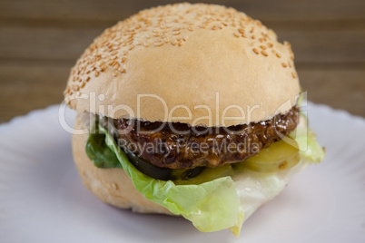 Hamburger in plate on wooden table