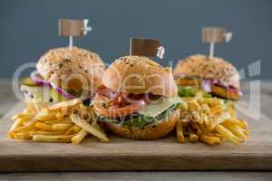 Close up of burgers with french fries served on cutting board