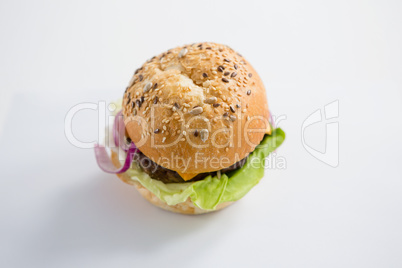 High angle view of hamburger with sesame seed