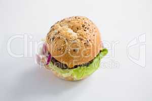 High angle view of hamburger with sesame seed