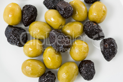 Close-up of marinated and dry olives