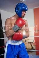 Young male boxer wearing blue headgear