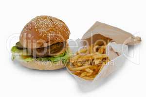 Close-up of hamburger and french fries in take way bag