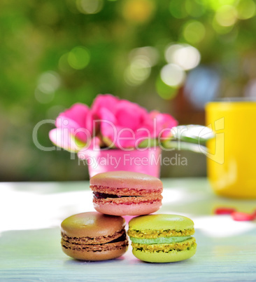 multicolored macaroons on a white wooden table