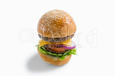 High angle view of hamburger with vegetables and cheese