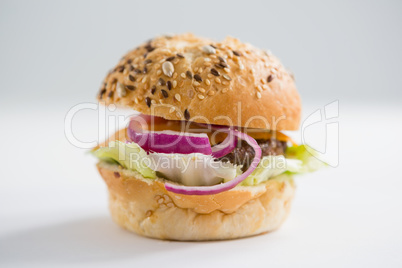 Close up of hamburger with black sesame seed