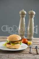 Hamburger in plate by pepper shaker on table